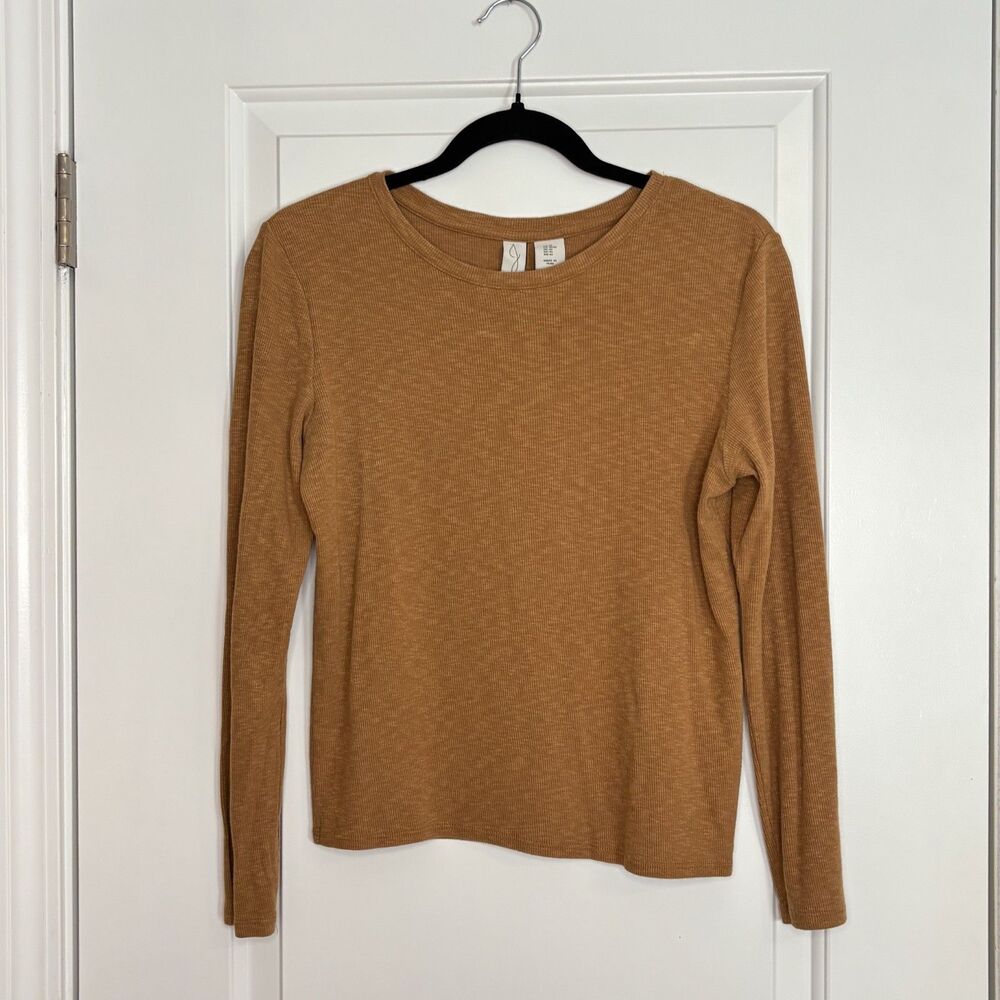 JOIE Top Womens Medium M Tan Long Sleeved Ribbed Knit Crew Neck Stretch